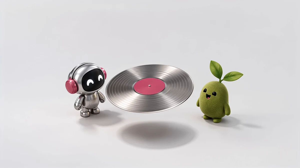 Chrome Amp and green Sprout beside a sculptural silver record.